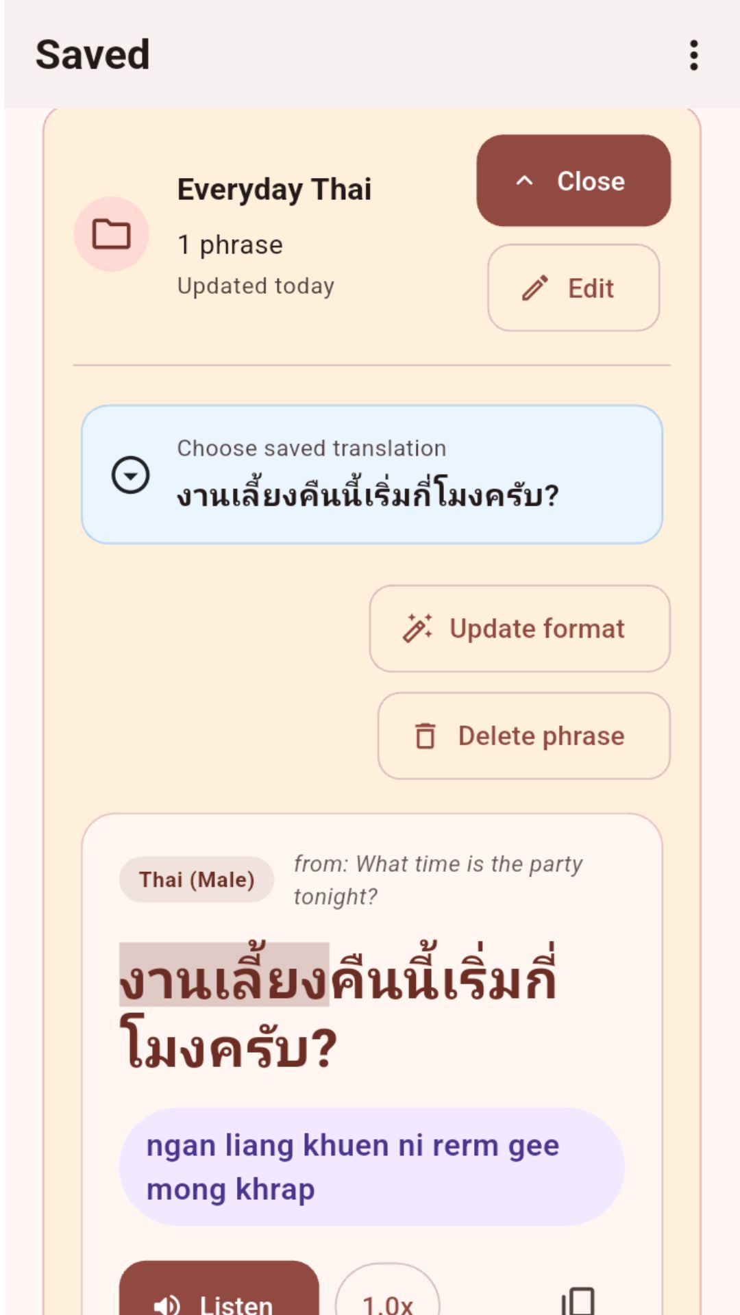 Pocket Thai Teacher Saved screen showing a saved phrase organised inside an 'Everyday Thai' folder