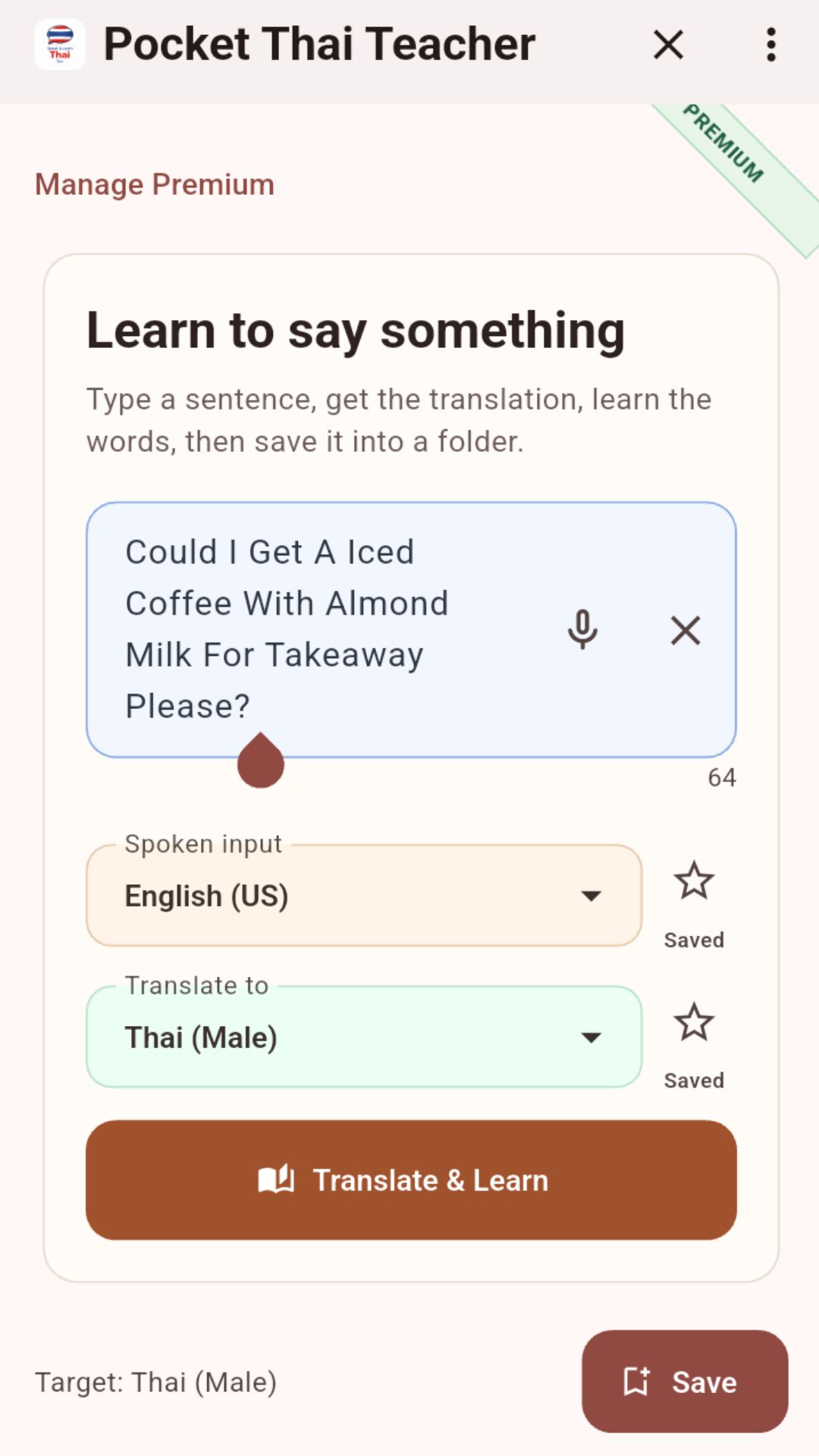 Pocket Thai Teacher 'Learn to say something' screen where you type a sentence and choose languages
