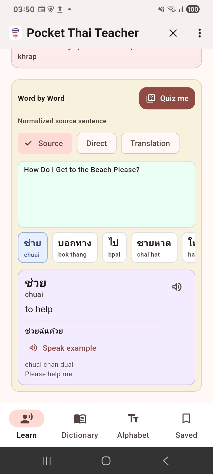 Pocket Thai Teacher app showing a Thai sentence translation with a word-by-word breakdown and phonetics